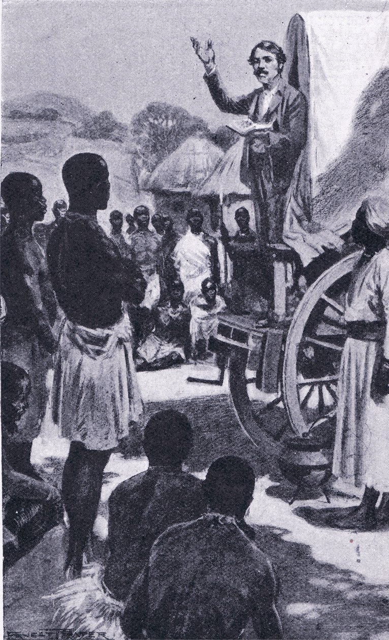 Preaching to the Makololo: Livingstone, illustration från Cassells Romance of Famous Lives, ca 1940 av Ernest Prater