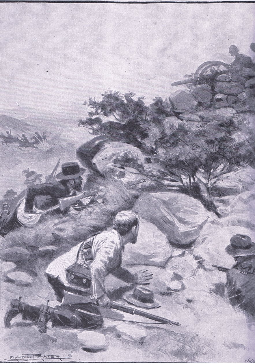Ruse genom vilken boerna erövrade en "Pom Pom", från After Pretoria: The Guerilla War publicerad av Harmsworth Bros Limited av Ernest Prater