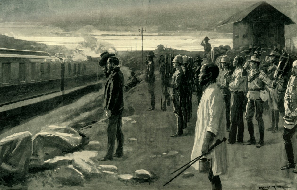 "Tåget som förmedlar resterna av Mr. Rhodes saluterat av blockhusvakterna", 1902. av Ernest Prater