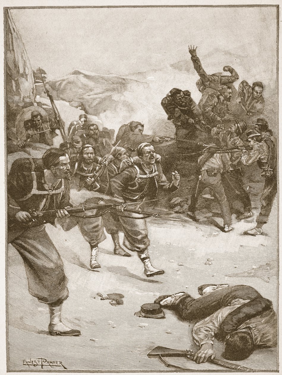 Zouaverna tog en av barrikaderna med en käck bajonettladdning, illustration från "Battles of the Nineteenth Century" av Archibald Forbes, G.A. Henty och major Arthur Griffiths av Ernest Prater