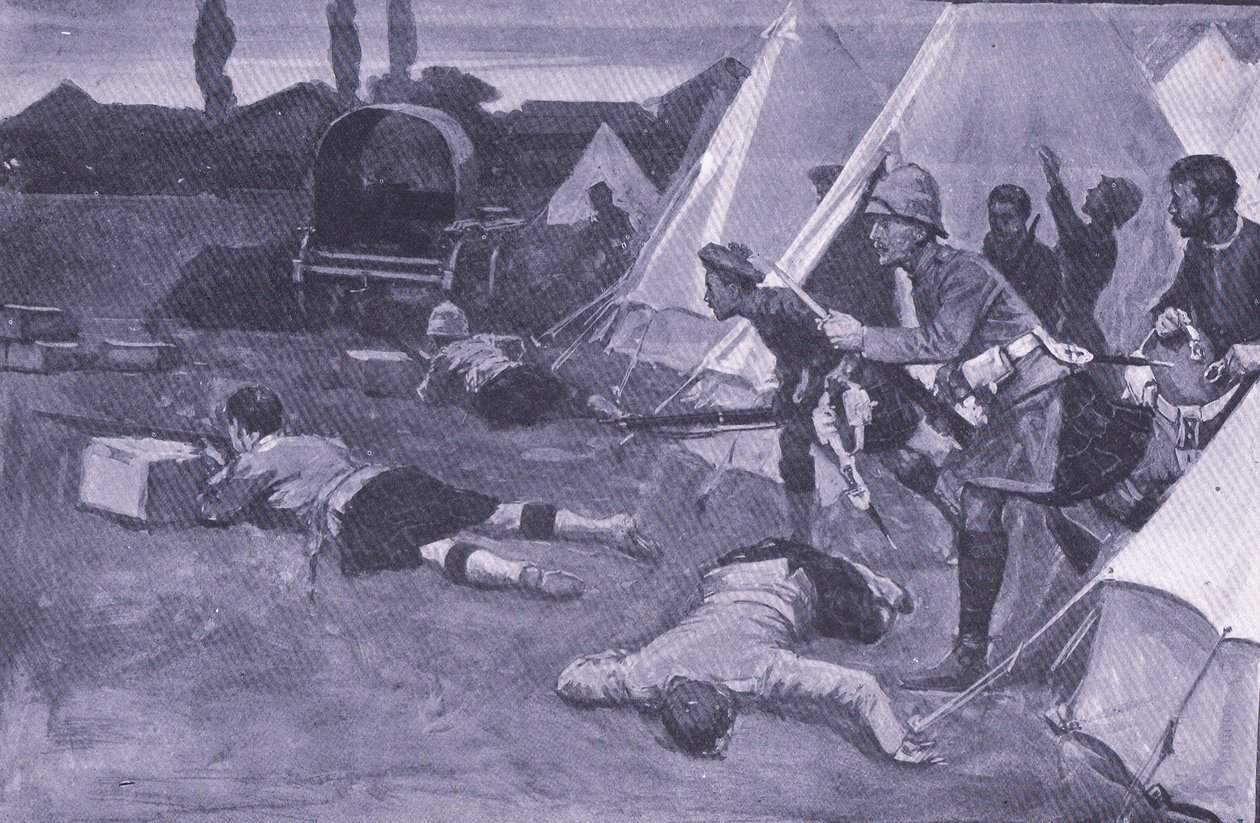 Attacken mot det brittiska lägret på marknadsplatsen i Jacobsdal, illustration från After Pretoria: The Guerilla War, 1902 av Ernest Prater