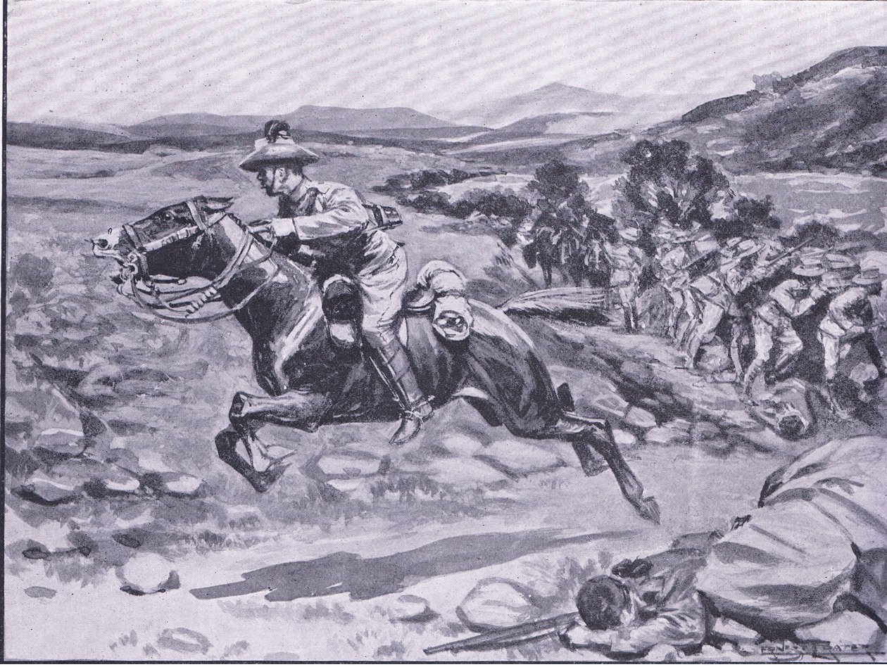 Livvaktens tillfångatagande: Lieut Batemans vågade raid, illustration från After Pretoria: The Guerilla War, 1902 av Ernest Prater