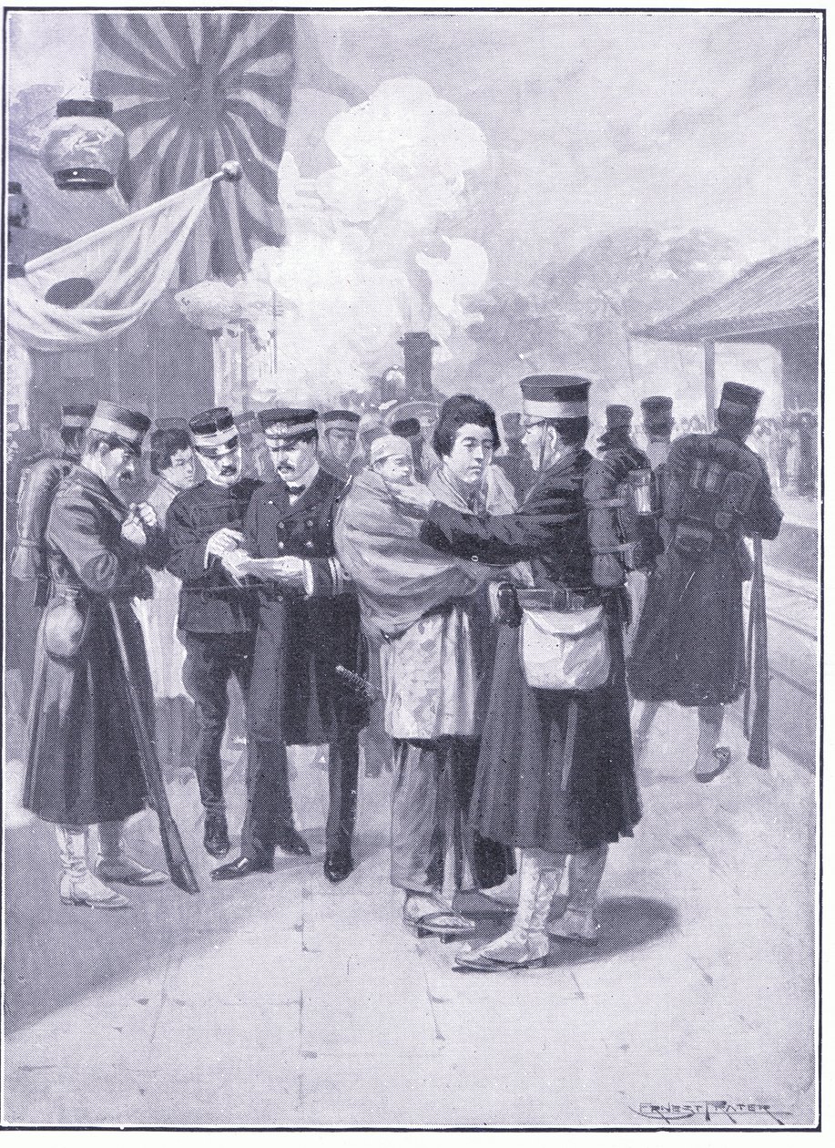 Trupper som lämnar Tokio, illustration från Cassells History of the Russian-Japanese War Vol 1, c.1900 av Ernest Prater