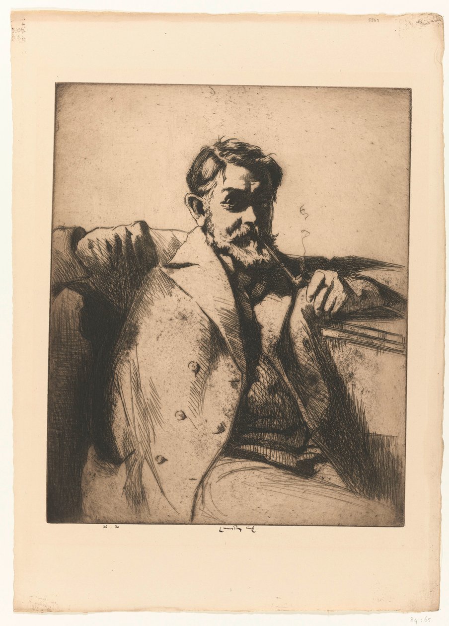 Porträtt av Sir Frank Brangwyn med Pipe av Ernest Stephen Lumsden (signed by artist)
