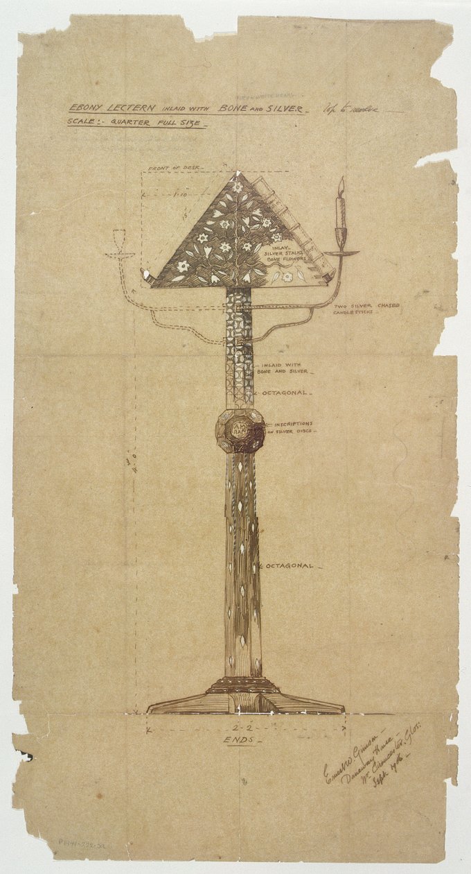 Design för ebenholts talarstol inlagd med ben och silver för St. Andrews Church, Roker 1906 (penna och bläck på papper) av Ernest William Gimson