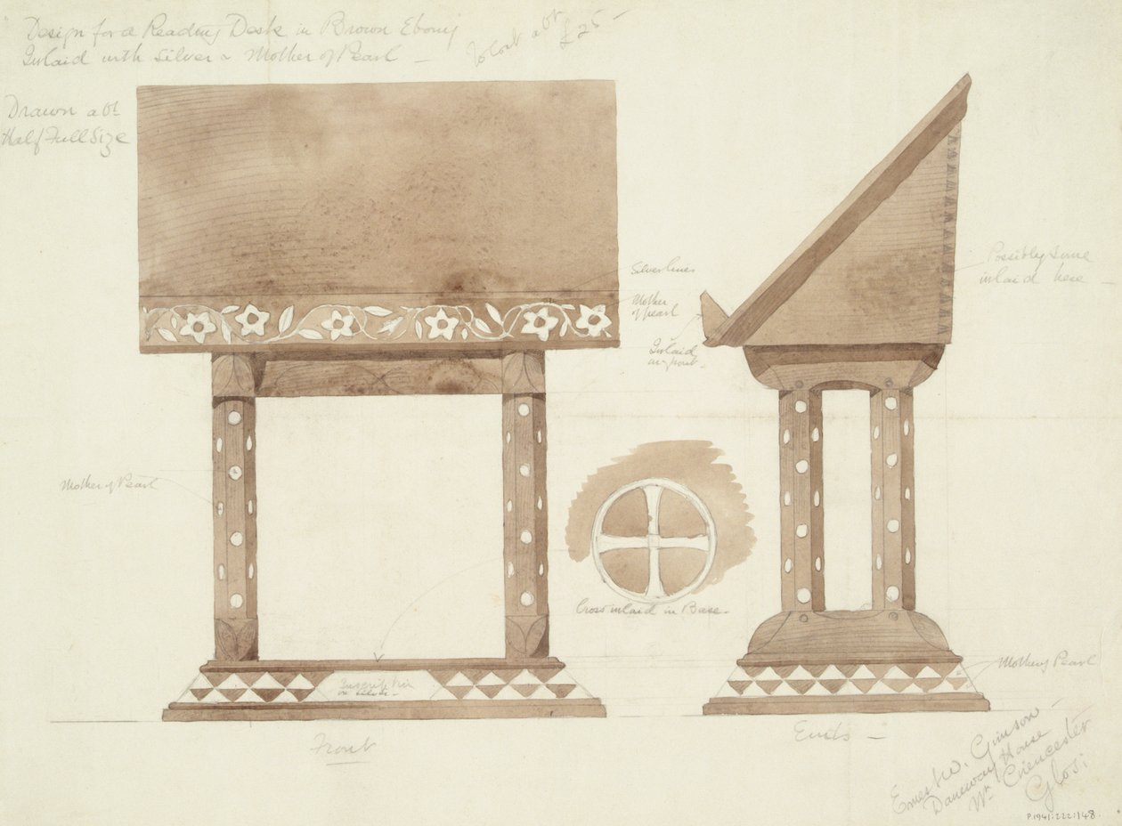 Design för läsbord i brunt ebenholts, inlagt med silver och pärlemor, ca 1905-15 (wc med penna på papper) av Ernest William Gimson