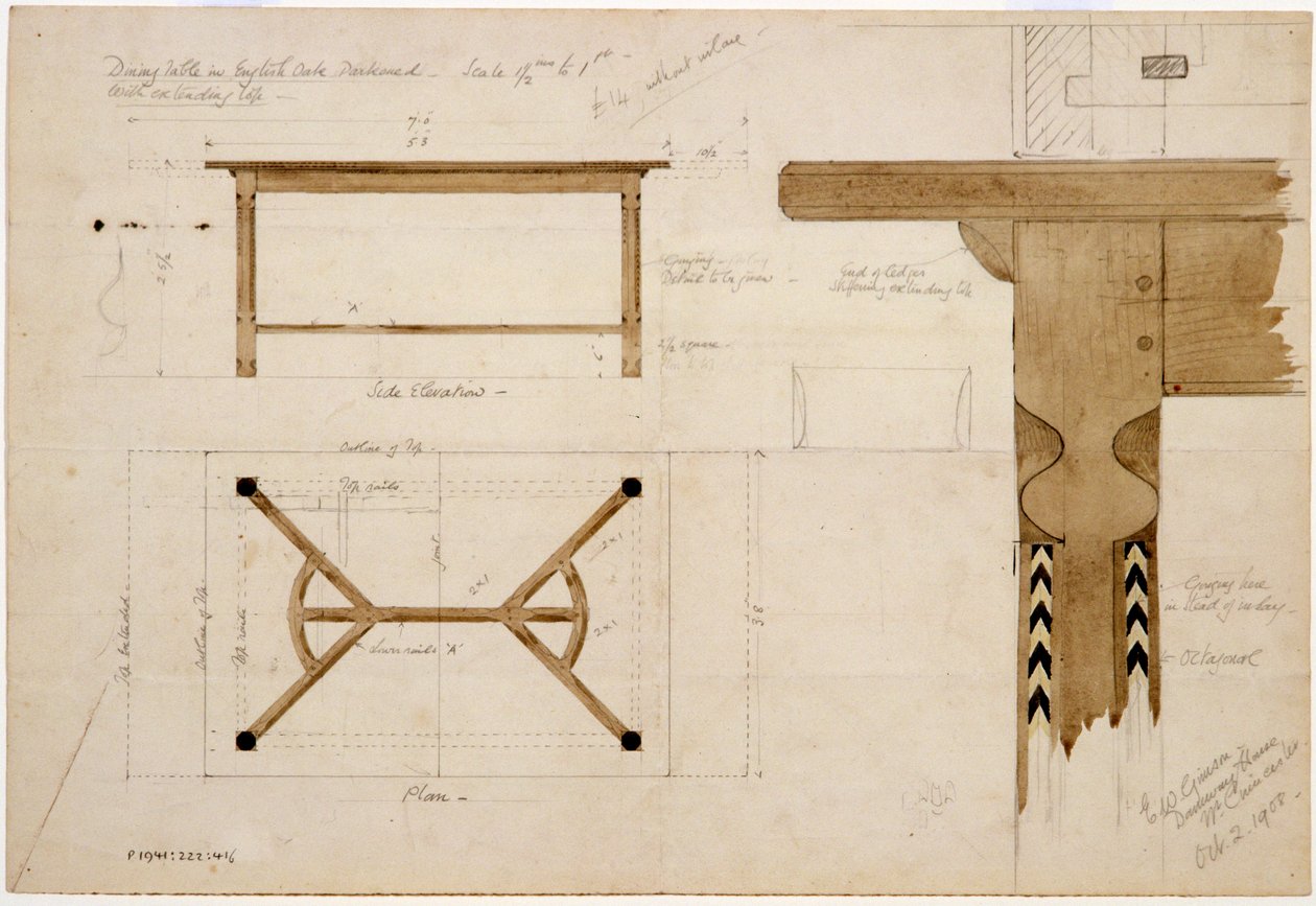 Design för ett matbord i engelsk ek, mörkt, med hörake-bår, 2 oktober 1908 (penna & bläck och wc på papper) av Ernest William Gimson
