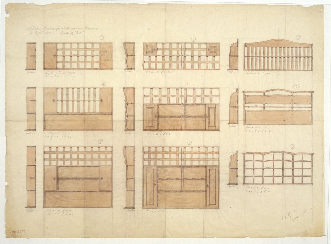 Design för Kina-hyllor, sideboards och byråer i engelsk ek, 1906 (penna och wc på papper) av Ernest William Gimson