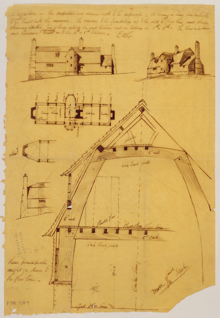 Visa, plan och detalj av huset (bläck & penna på papper) av Ernest William Gimson