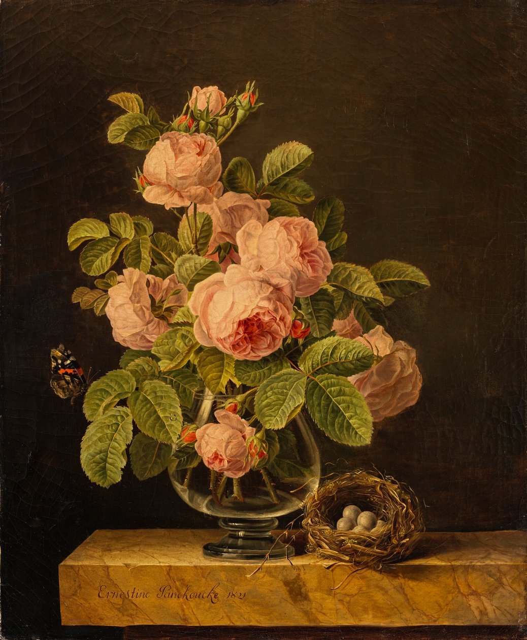 Ernestine Panckoucke - En vas med rosor med en fjäril och ett bo på en avsats av Ernestine Panckoucke