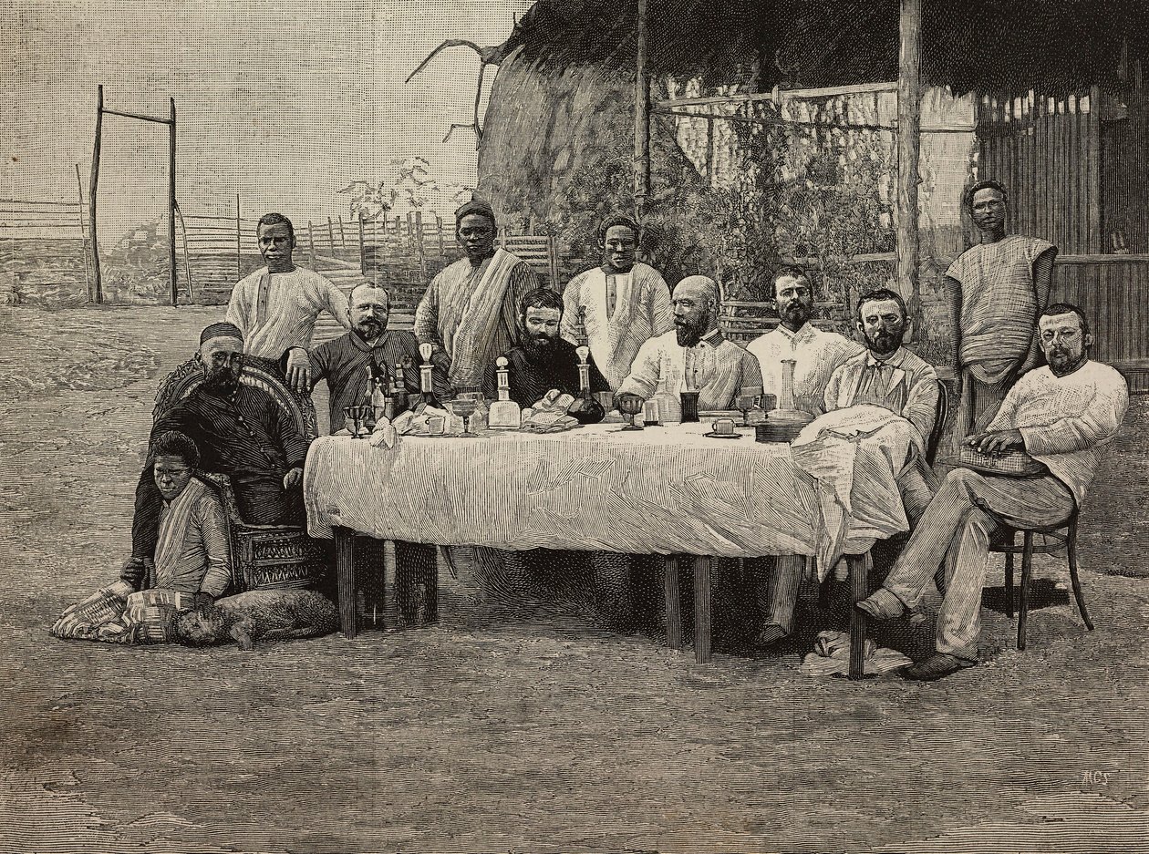 Bankett mot slaveri på italienska konsulatet i Boma, Demokratiska republiken Kongo, gravyr av Ernesto Mancastropa från fotografi av Giuseppe Corona, från L