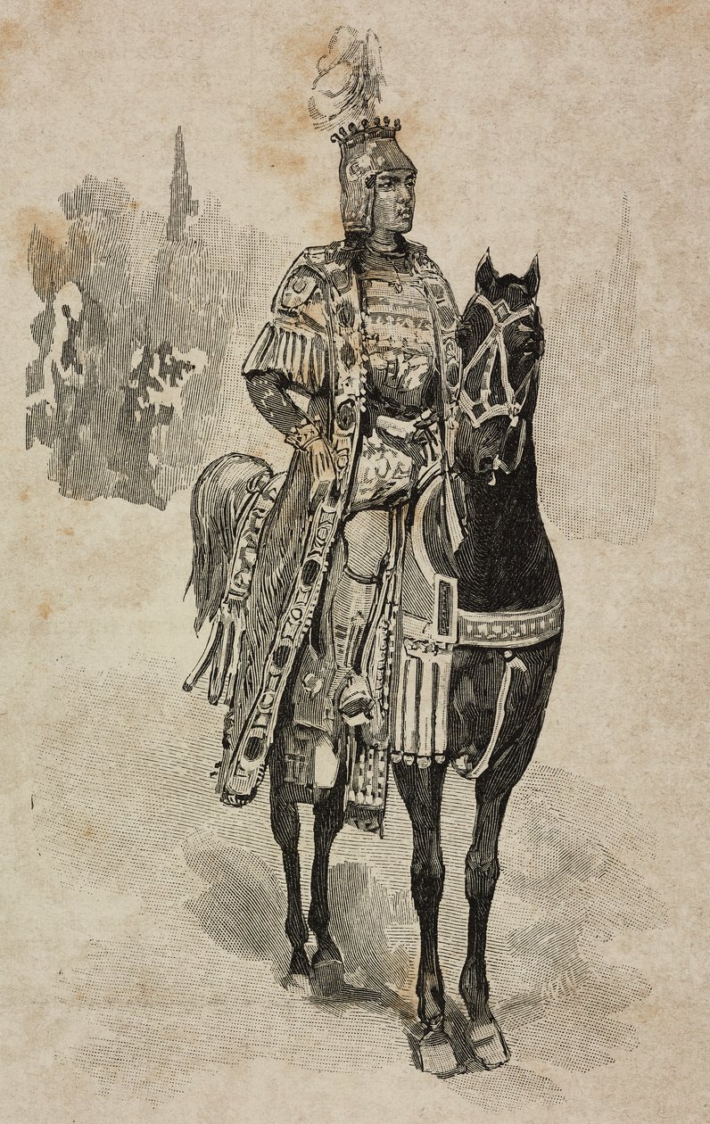 Hertig av Aosta Emanuele Filiberto av Savojen i kostym av Umberto Biancamano vid Villa Borghese-turneringen i samband med silverbröllop av Umberto I och Margherita av Savojen, Rom, Italien av Ernesto Mancastroppa