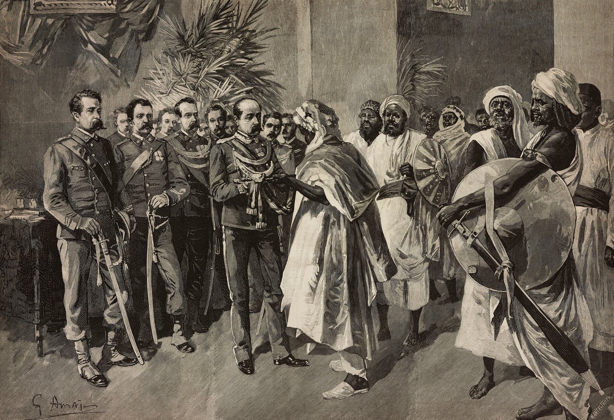 General Tancredi Saletta erbjuder svärd till Kantibai, chef för Abab, Massawa, Eritreanska kriget, gravyr av Ernesto Mancastroppa från teckning av G Amato, från L