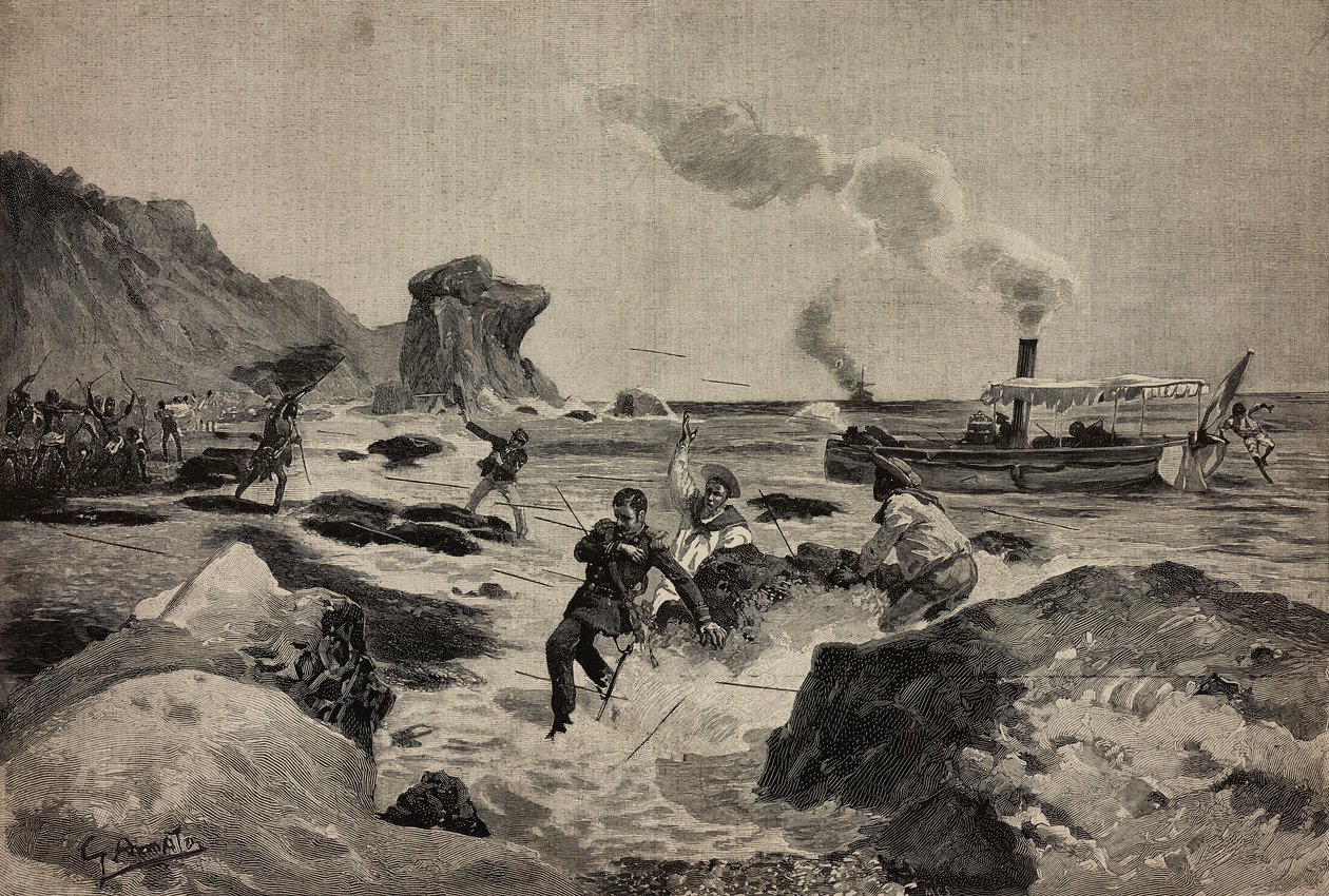 Dödandet av löjtnant Carlo Zavagli (1867-1890) i Warsheikh, i Somalia, 24 april, gravyr av Ernesto Mancastropa efter teckning av Gennaro Amato, från L
