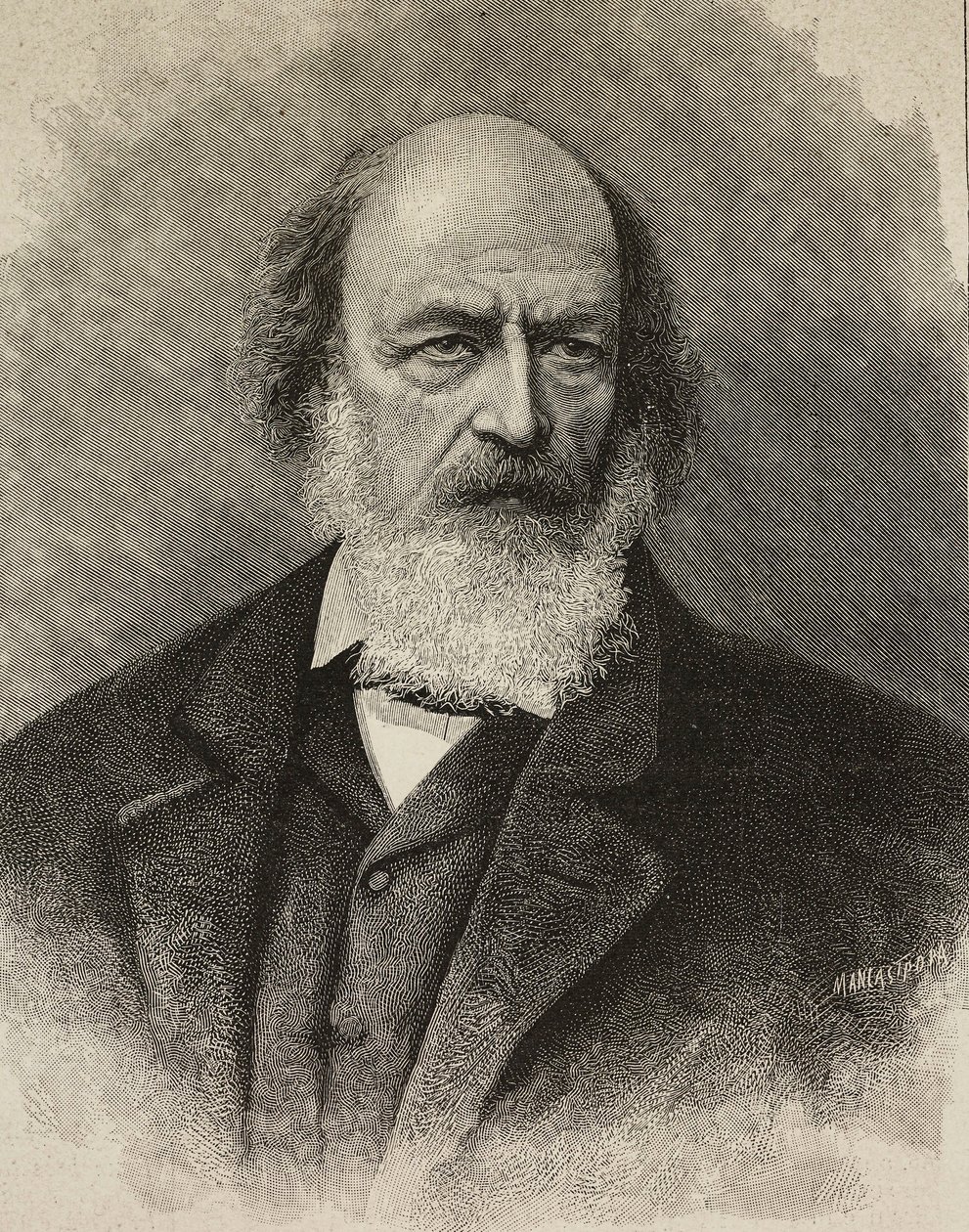 Porträtt av Alfred Tennyson (1809-1892), brittisk poet, gravyr av Ernesto Mancastroppa från fotografi av Barraud, från L