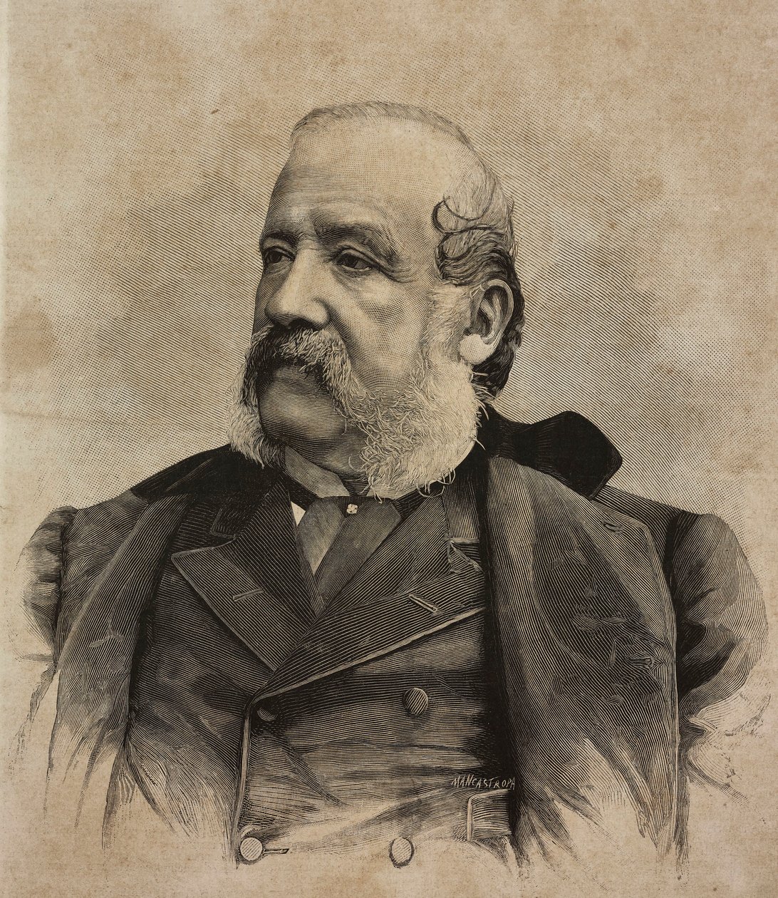 Porträtt av Gerolamo Induno (1825-1890), italiensk målare, gravyr av Ernesto Mancastropa från fotografi av Guigoni och Bossi, från L