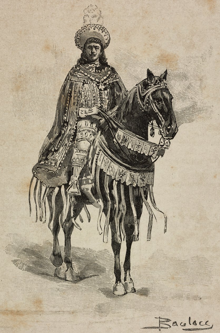 Prins av Neapel i kostym av stormästare av bebådelseorden vid Villa Borghese-turneringen i samband med silverbröllop av Umberto I och Margherita av Savojen, Rom, Italien av Ernesto Mancastroppa