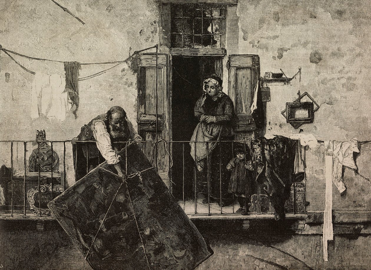 Sankt Mikael, konstutställning i Venedig, Italien, gravyr av Ernesto Mancastroppa från målning av Gerolamo Induno, från L