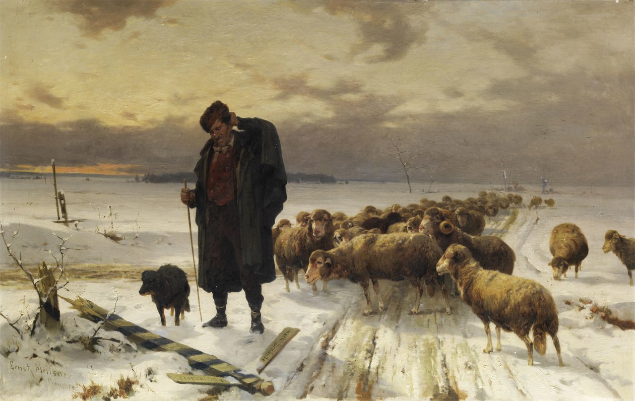 Schäfer mit Herde in Winterlandschaft av Adolf Ernst Meissner