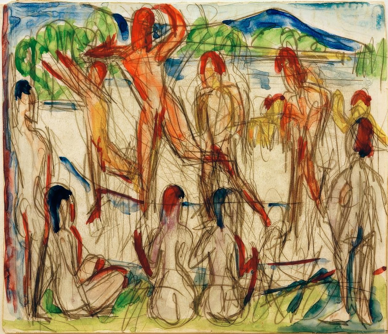 Badande vid sjön av Ernst Ludwig Kirchner