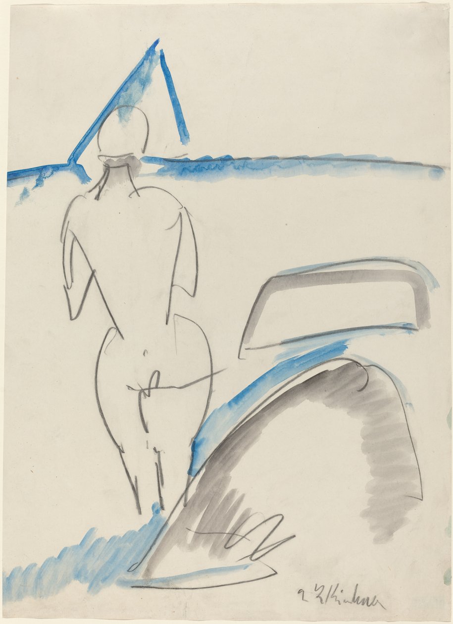 Bather on the Beach, 1912-13 (svart krita med blått och grått tvätt) av Ernst Ludwig Kirchner