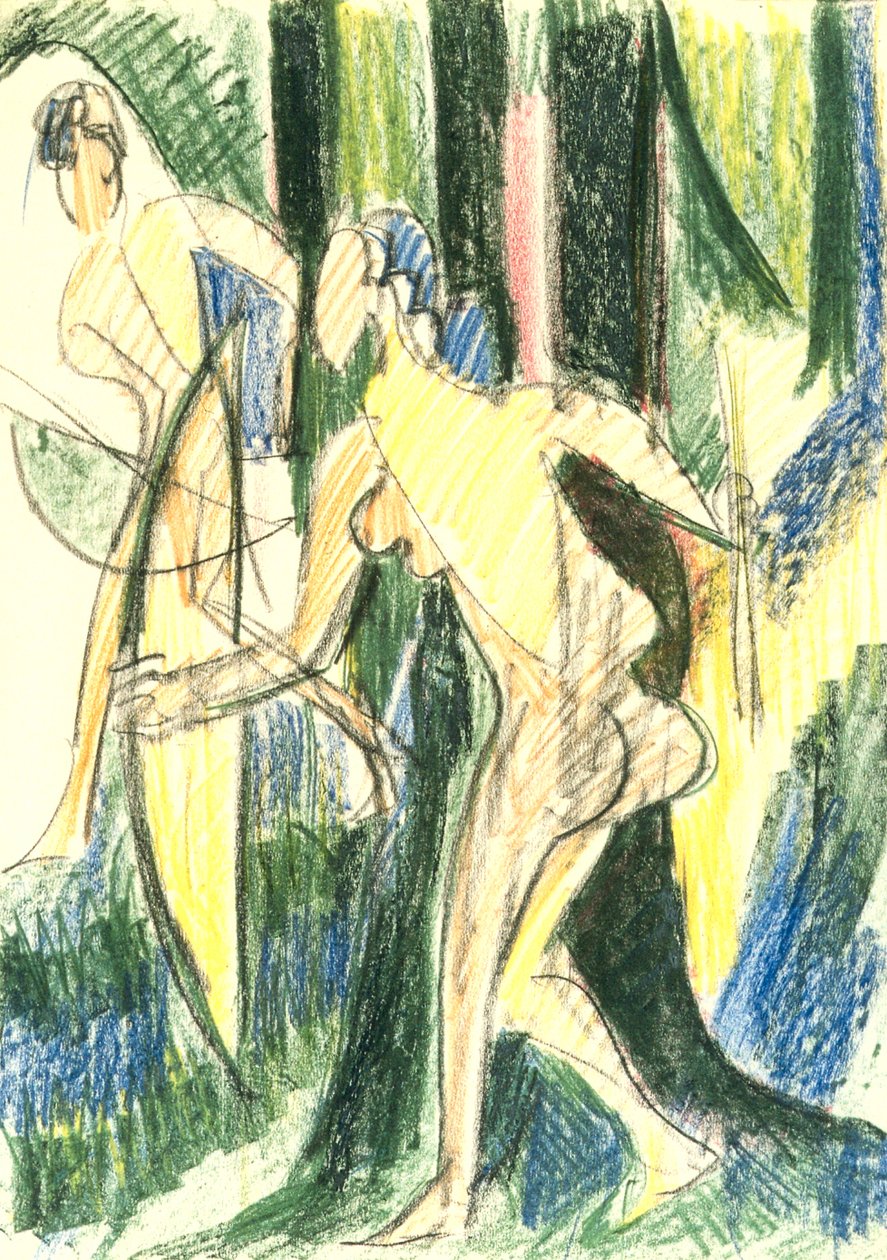 Bogenschießende Mädchen im Wald av Ernst Ludwig Kirchner