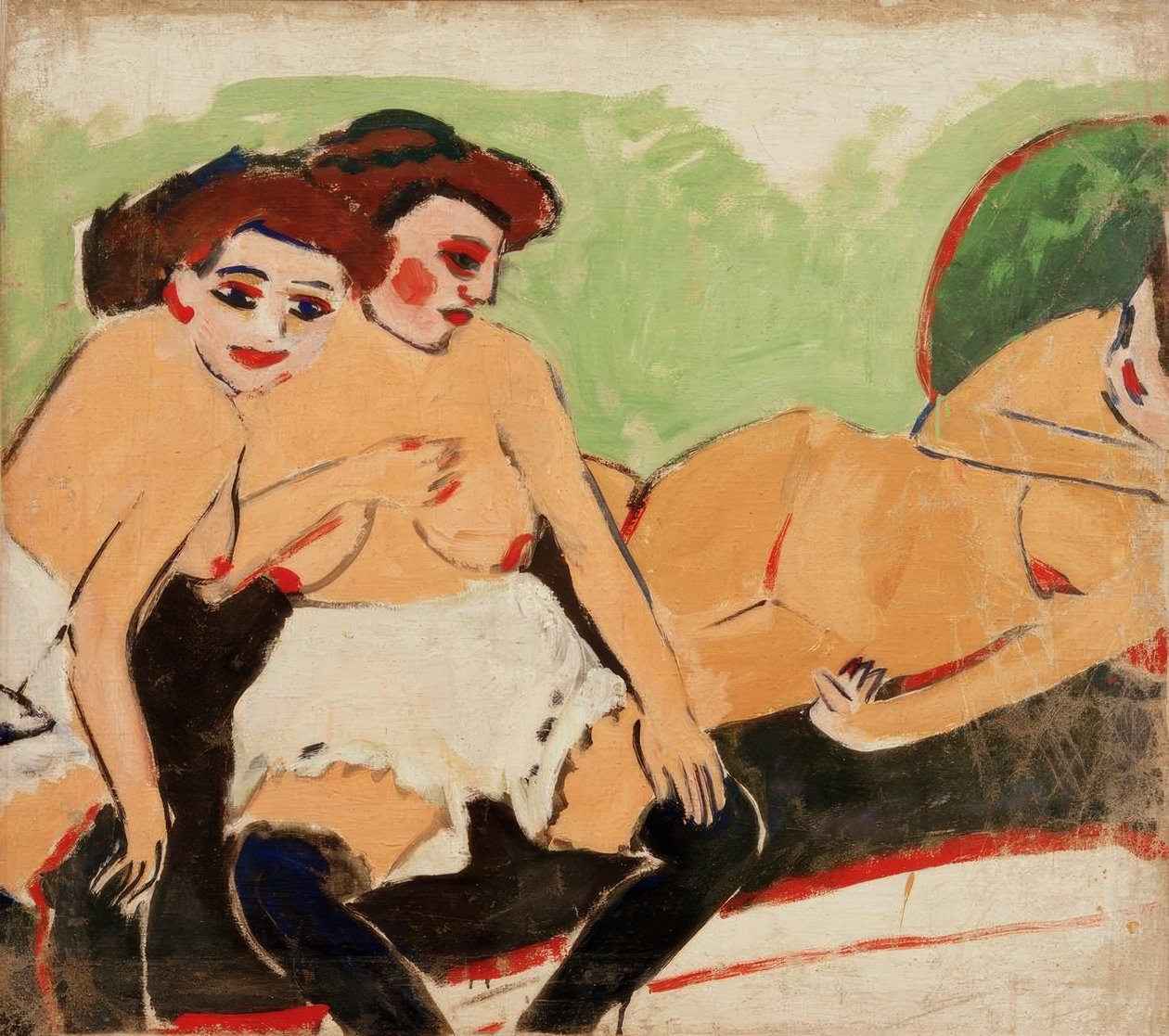 Tre nakenbilder på en svart soffa av Ernst Ludwig Kirchner