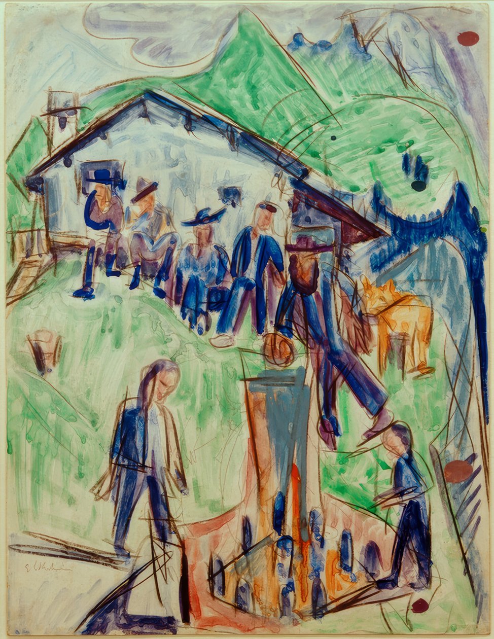 E.L.Kirchner, bönder vid fontänen framför Stafelalpstugan av Ernst Ludwig Kirchner