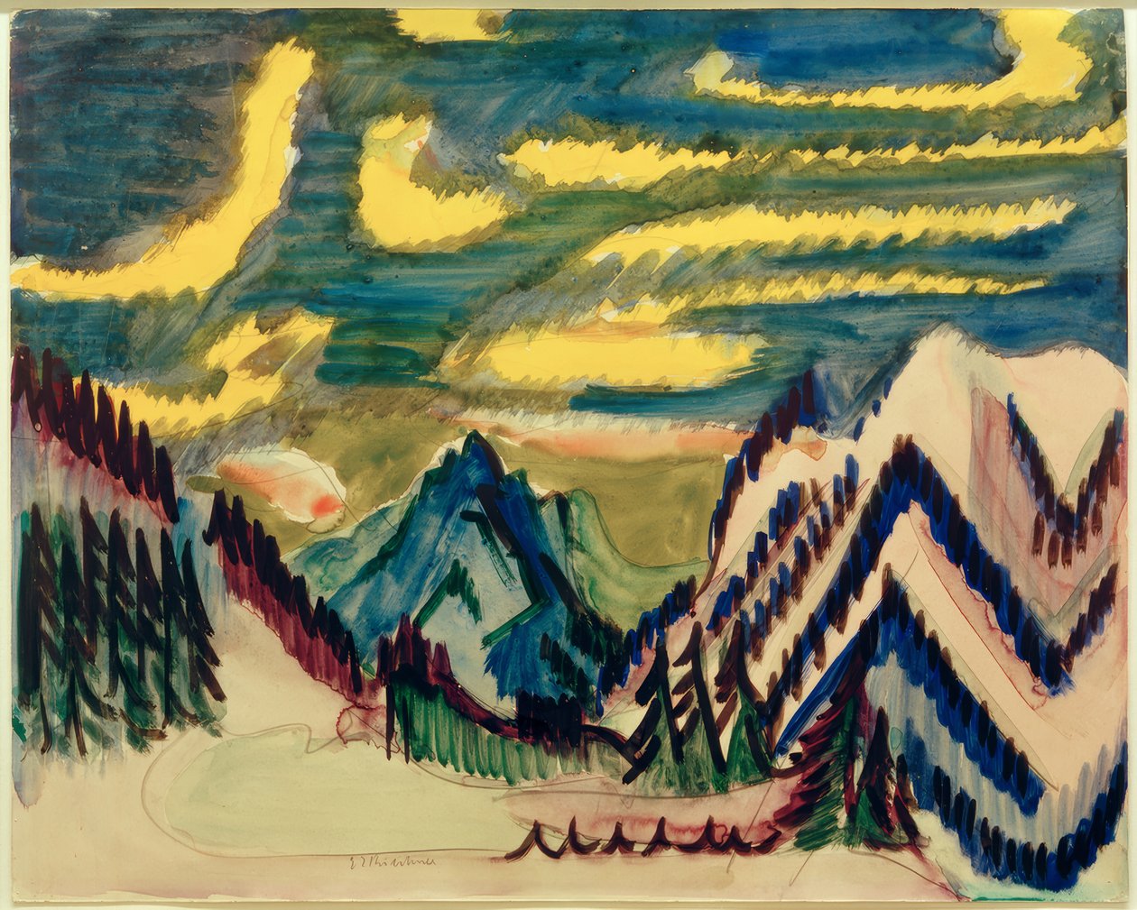 E.L. Kirchner, Davos bergslandskap med gula moln av Ernst Ludwig Kirchner