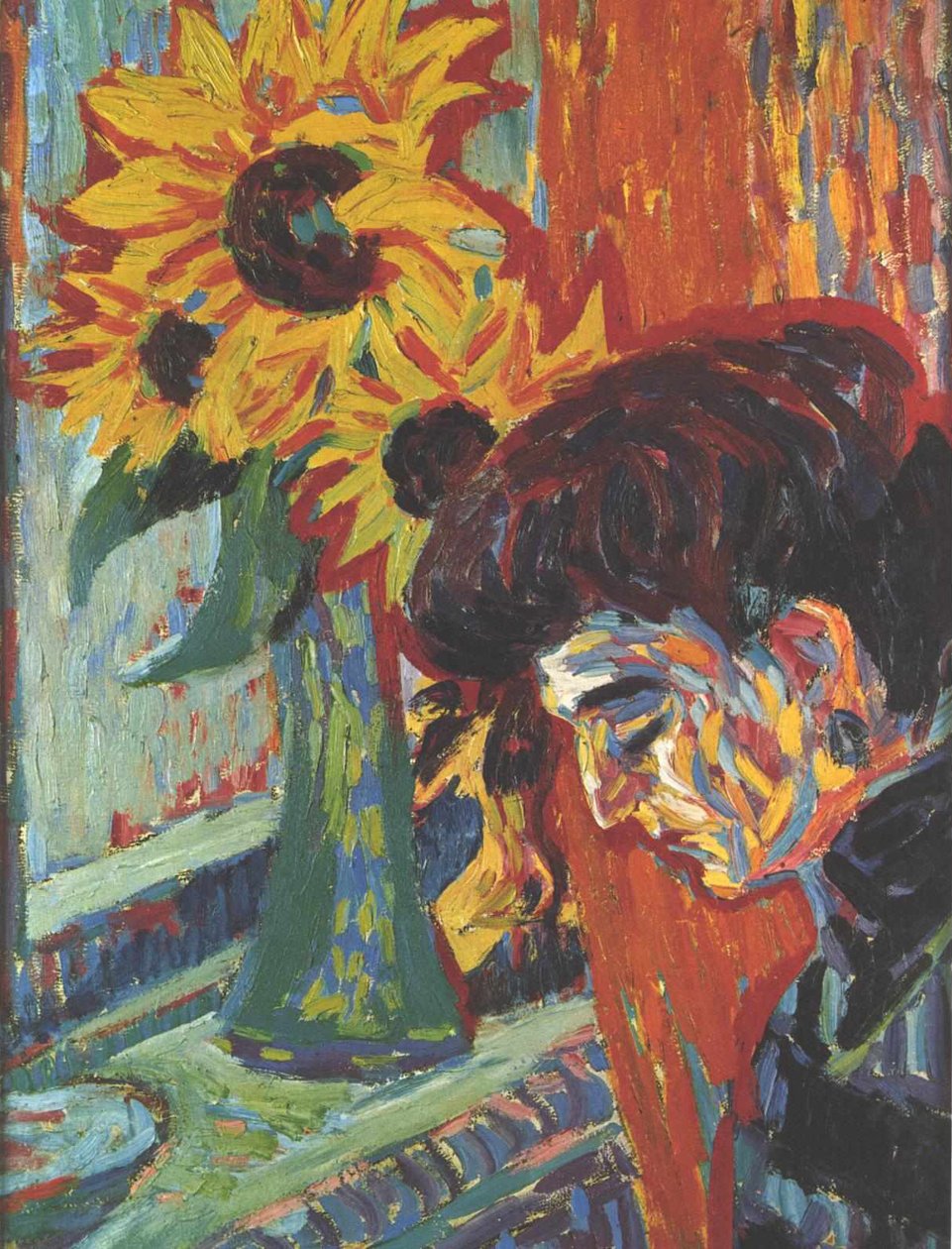 Frauenkopf vor Sonnenblumen av Ernst Ludwig Kirchner