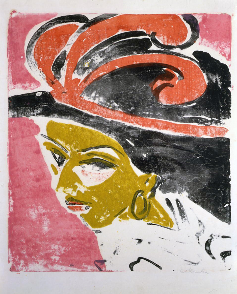 Kokottenkopf mit Federhut av Ernst Ludwig Kirchner