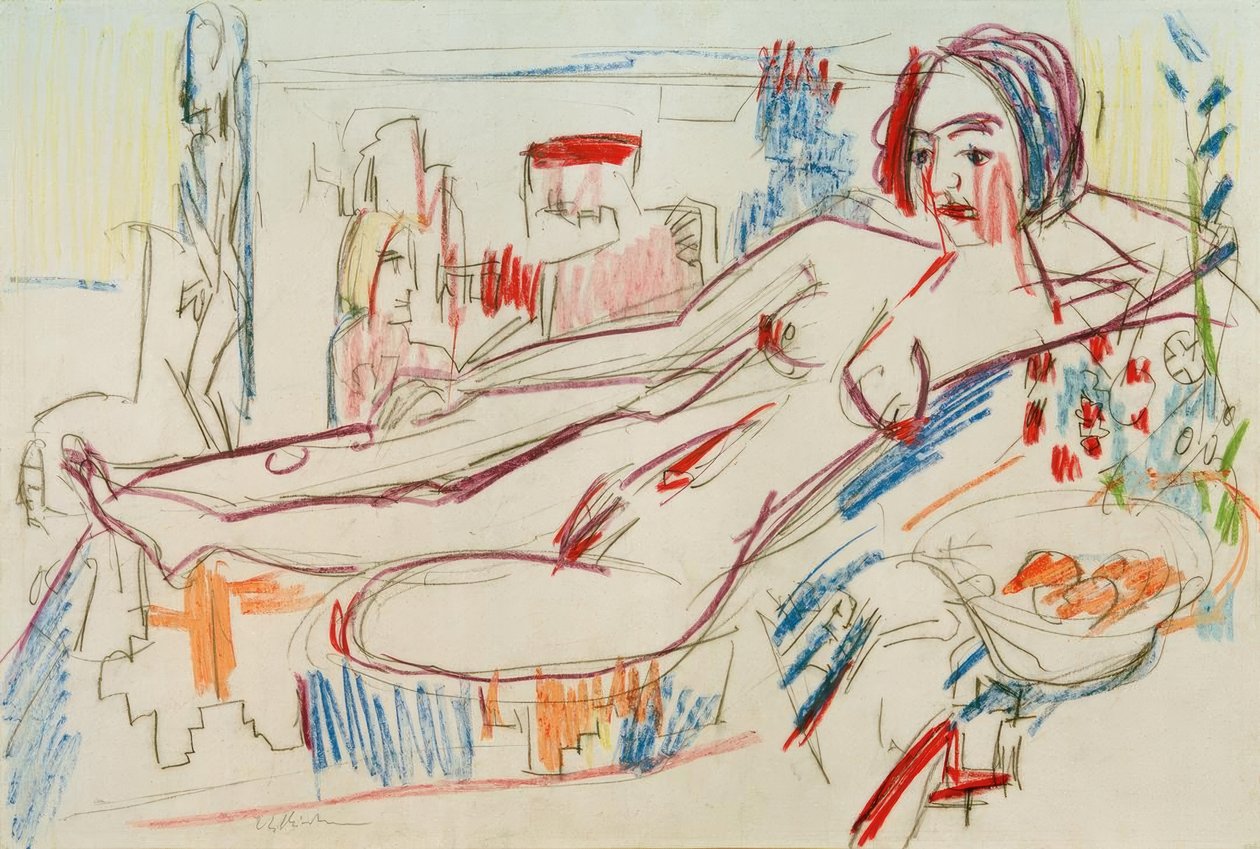 Liggande kvinnlig naken på en ottoman av Ernst Ludwig Kirchner