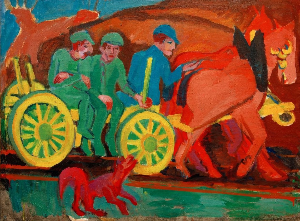 Häst och vagn med tre bönder av Ernst Ludwig Kirchner
