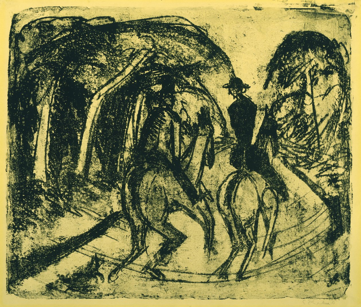 Reiter im Grunewald, 1914 (litografi på gult papper) av Ernst Ludwig Kirchner