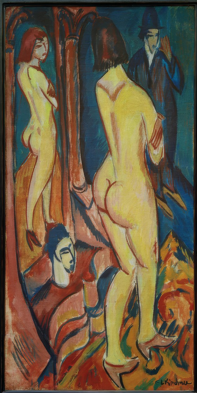 Naken bakifrån med en spegel och en man av Ernst Ludwig Kirchner