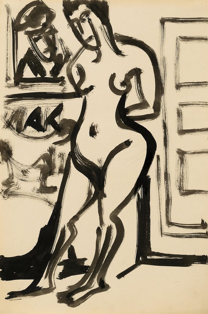 Stående naken framför en målning i ateljén av Ernst Ludwig Kirchner