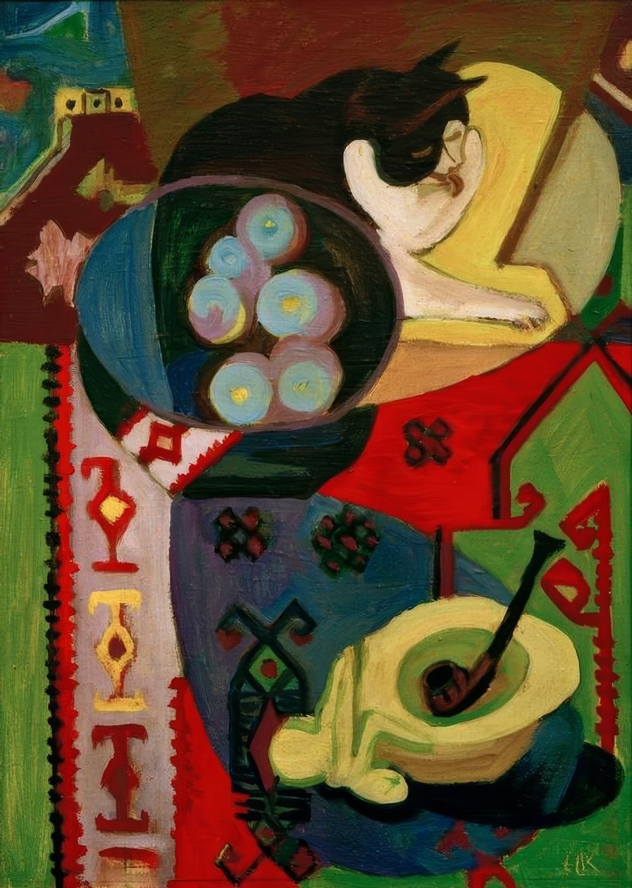Stilleben med en katt och en pipa av Ernst Ludwig Kirchner