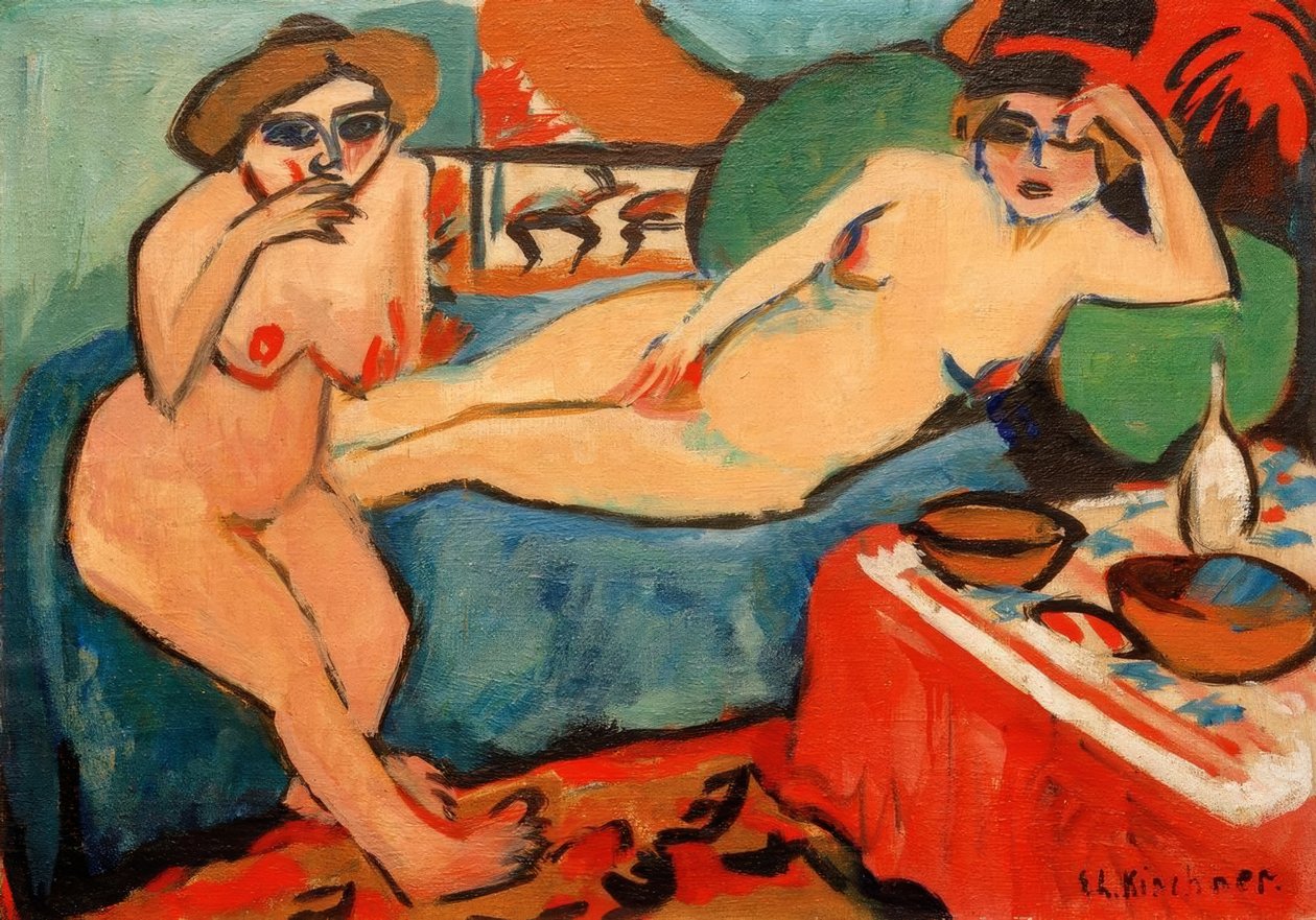 Två nakna personer på en blå soffa av Ernst Ludwig Kirchner