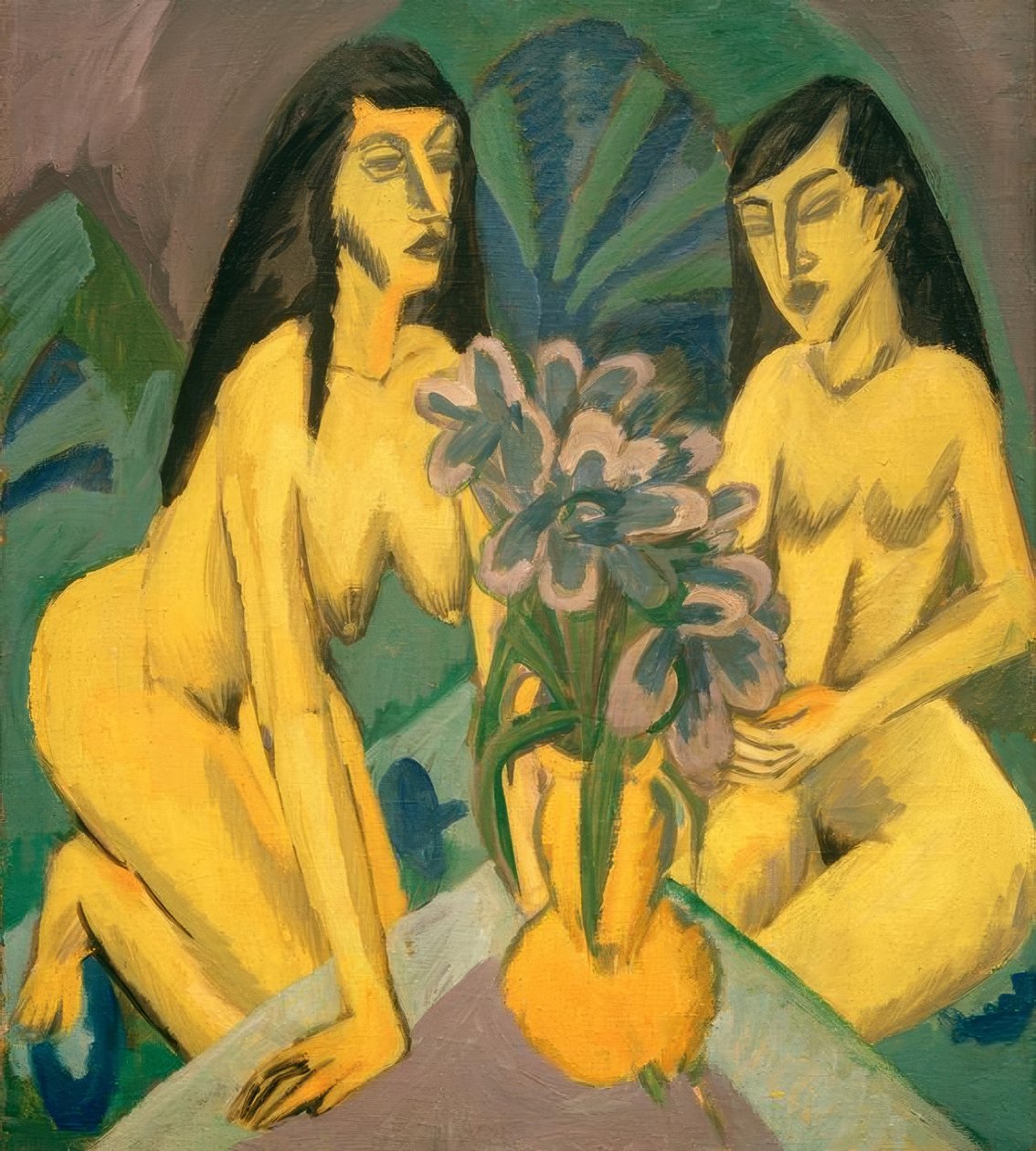 Två gula nakna kvinnor med bukett av Ernst Ludwig Kirchner