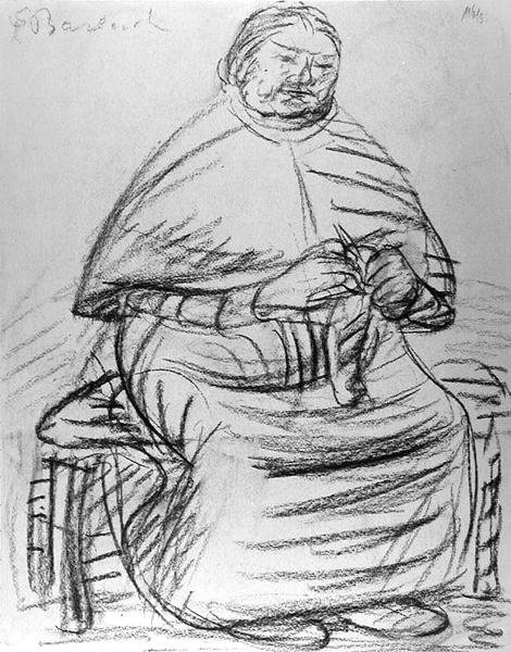 Gammal kvinna stickar (kol på papper) (s/v foto) av Ernst Barlach