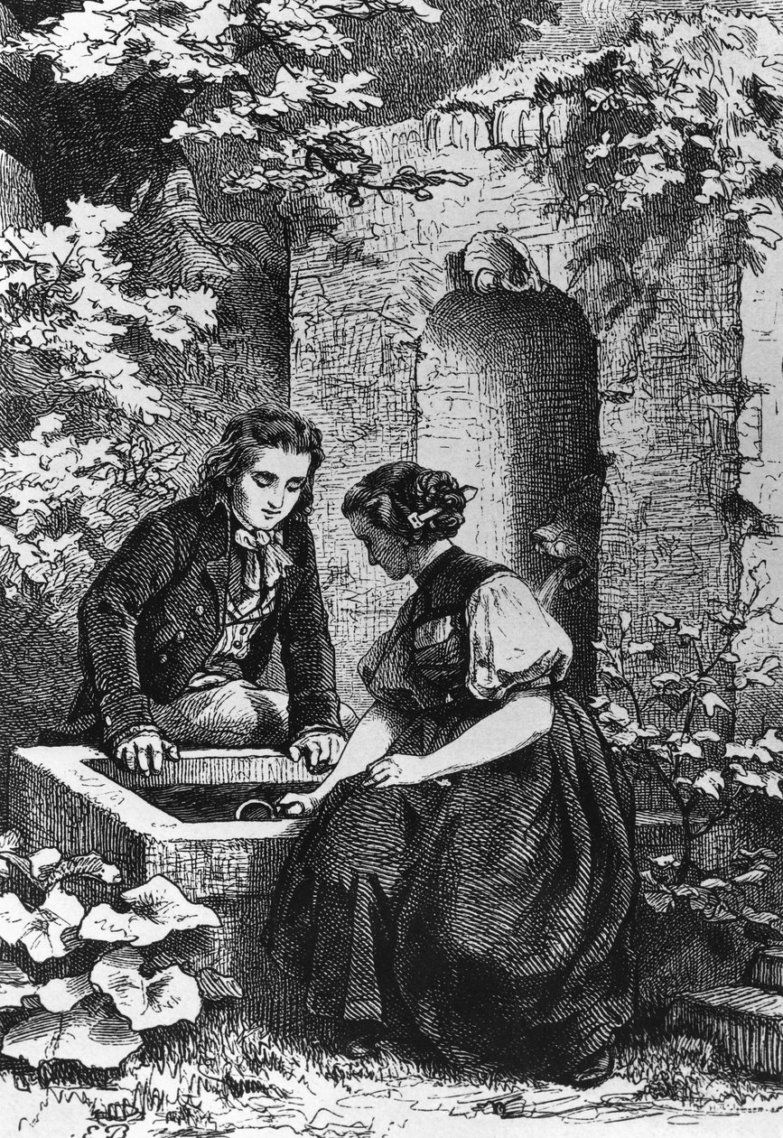 Hermann och Dorothy vid fontänen, illustration för Hermann och Dorothea, idyll av Johann Wolfgang von Goethe (1749-1832), gravyr efter teckning av Ernst Bosch (1834-1917) av Ernst Bosch