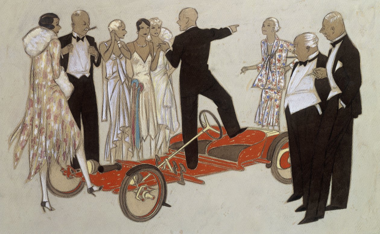 En grupp damer och herrar i frack som lyssnar på en högtalare, står i en Bugatti "Red Bug" av Ernst Deutsch Dryden