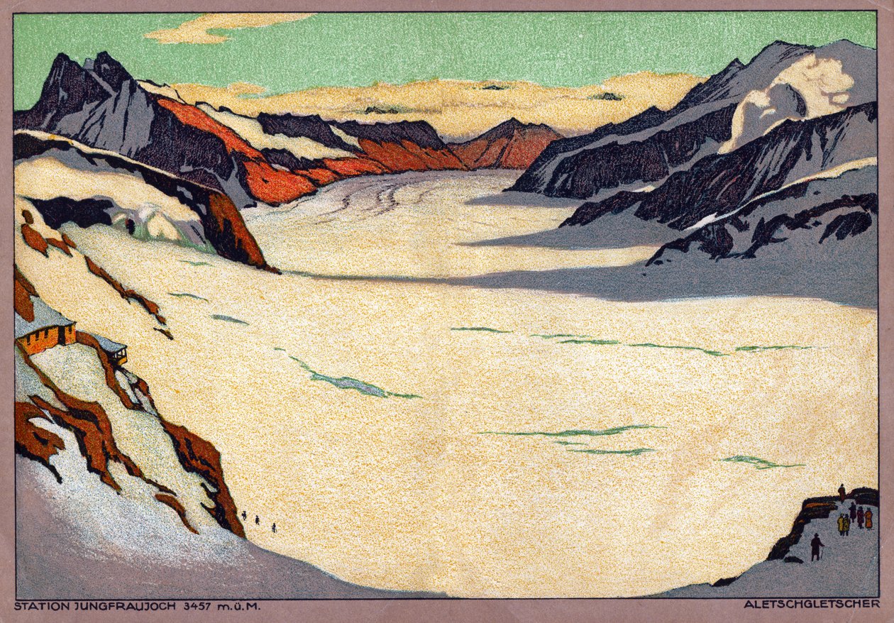 Aletschglaciären, Schweiz. cirka 1920-30 (illustration) av Ernst Emil Schlatter