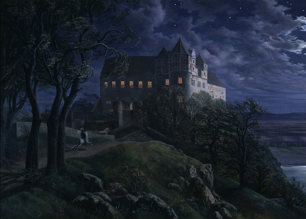 Slottet Scharfenberg på natten, 1827 av Ernst Ferdinand Oehme