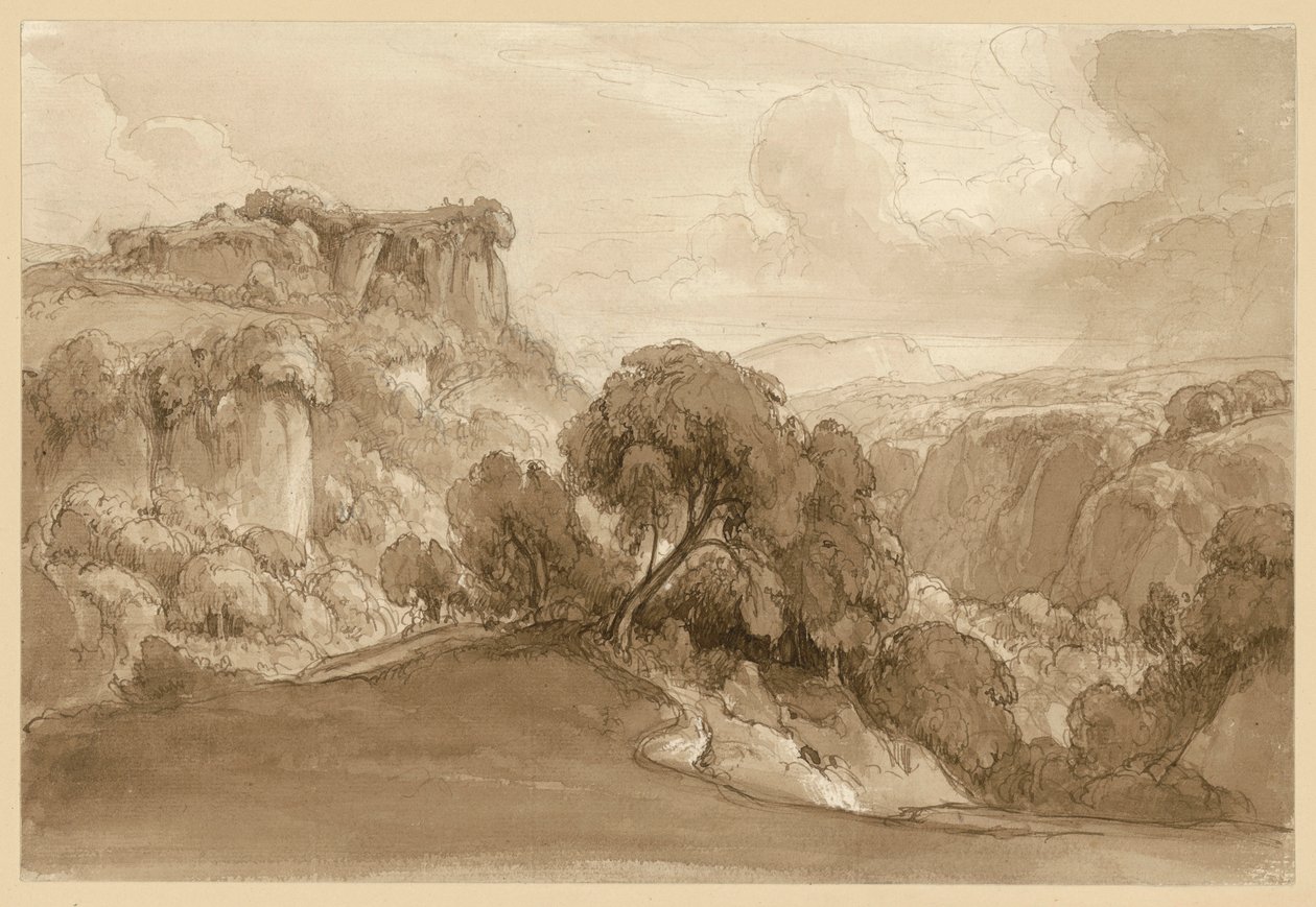 Skogbeklätt italienskt bergslandskap av Ernst Fries