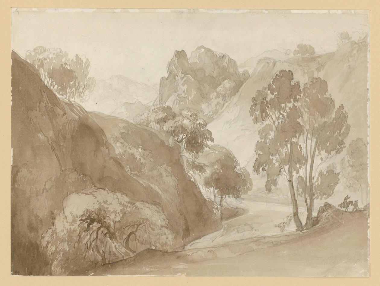 Floddal och bergslandskap, med figurer på vägen av Ernst Fries