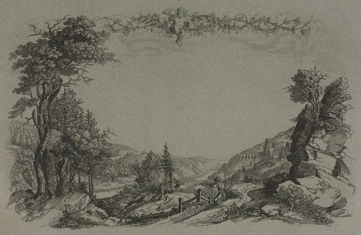Sex vyer av Heidelbergs slott: Omslag, jaktscen, 1820. av Ernst Fries