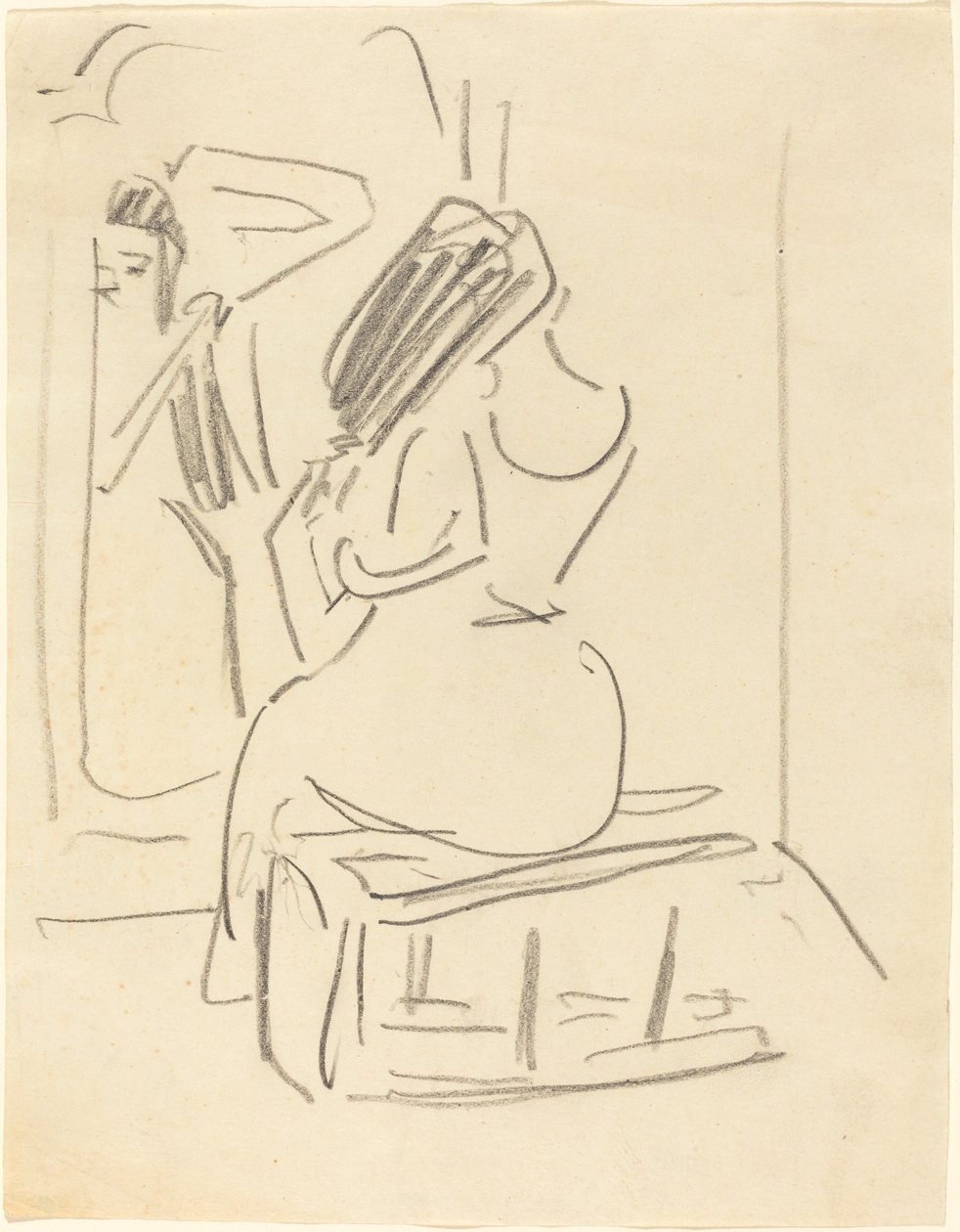 En kvinna som kammar sitt hår framför en spegel, sent 1800-tidigt 1900-tal. av Ernst Ludwig Kirchner