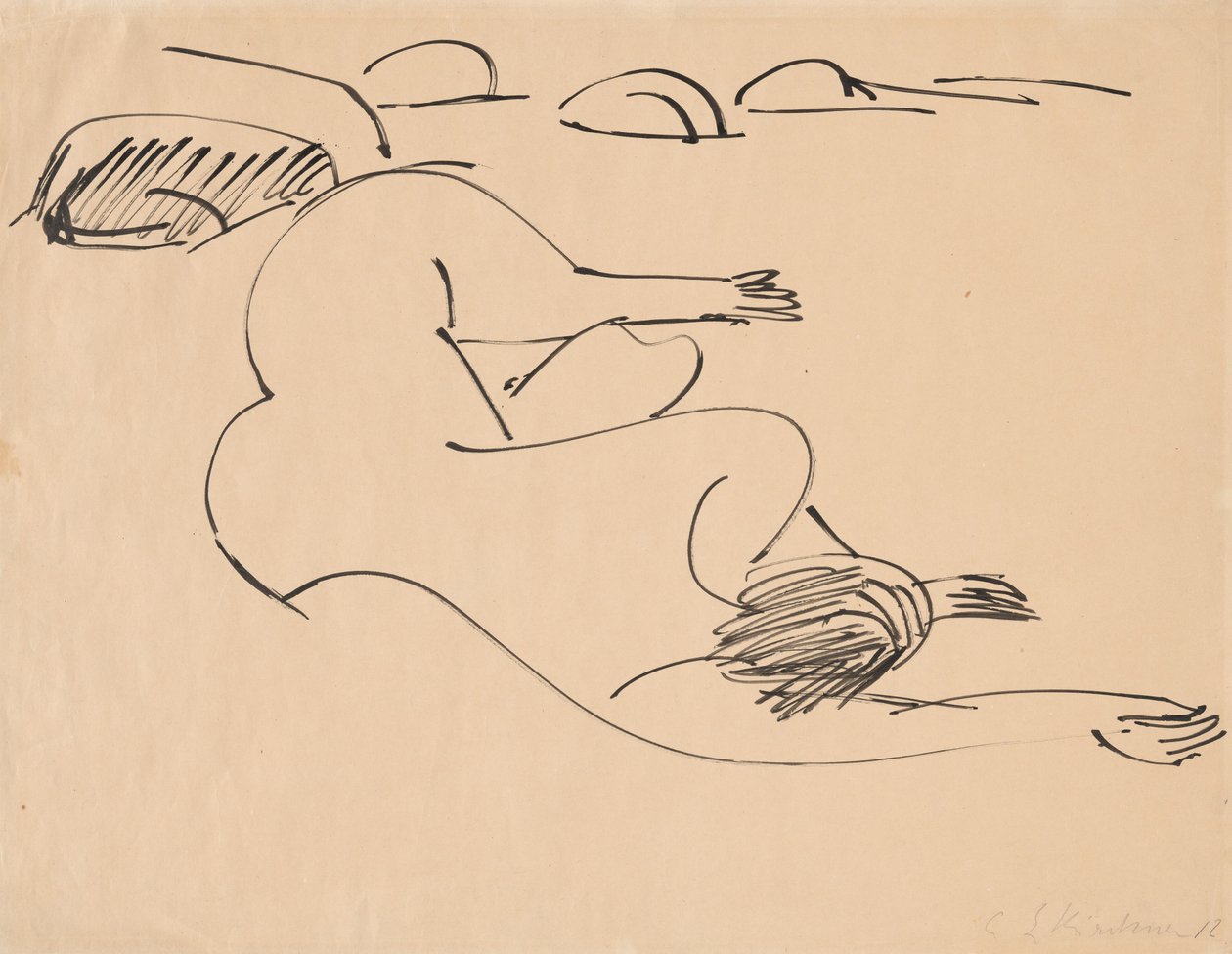 Erna ligger på stranden bland stenar, 1912. av Ernst Ludwig Kirchner