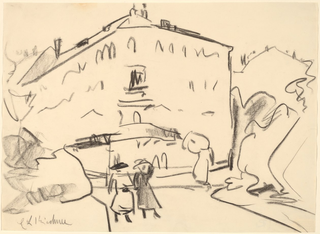 Hus i Dresden med människor som promenerar, 1909. av Ernst Ludwig Kirchner